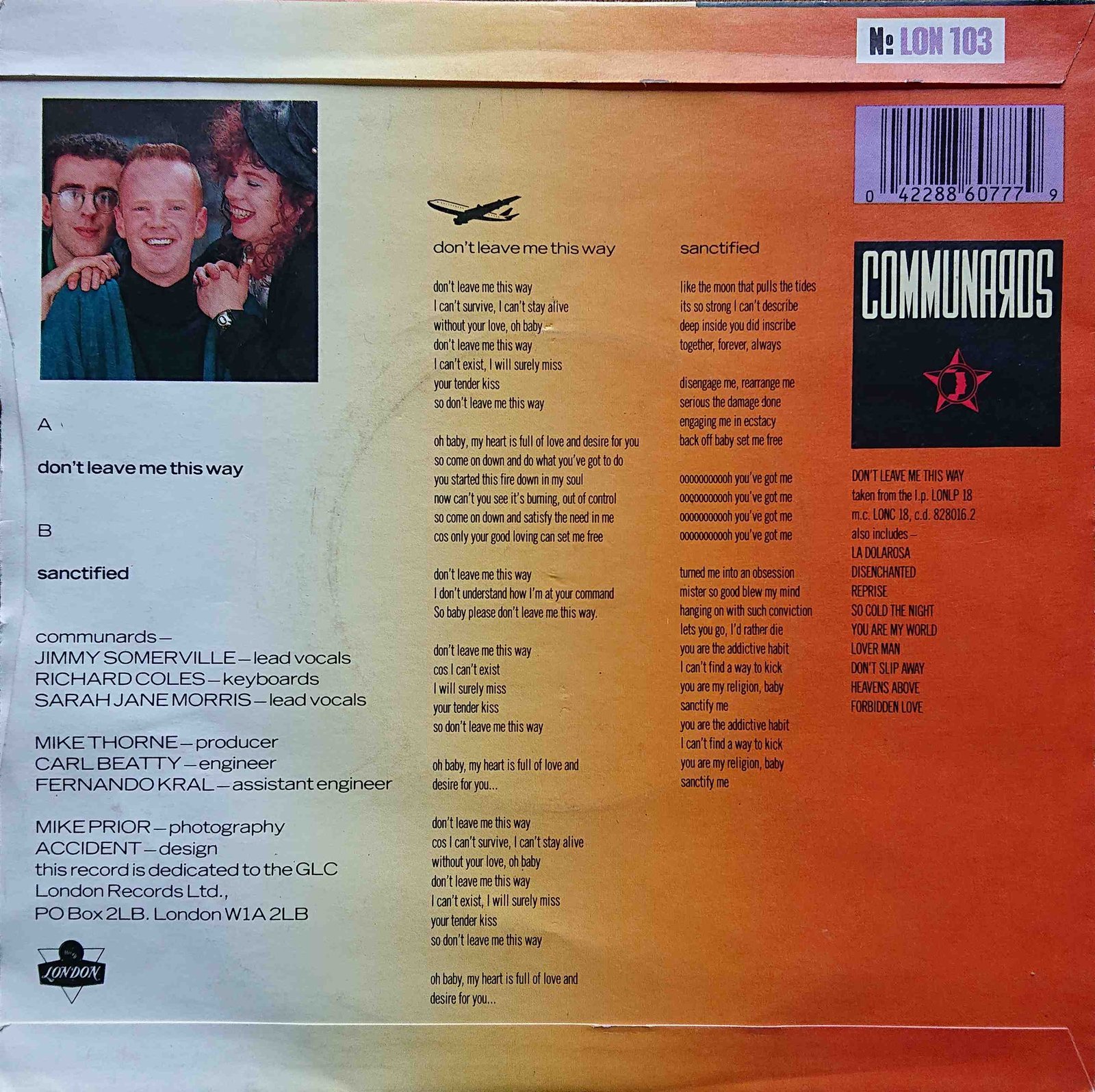 LON 103 Don't leave me this way Communards  Back cover of LON 103